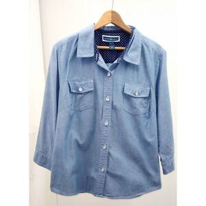 Karen Scott denim colored cotton button-front blouse. Size large